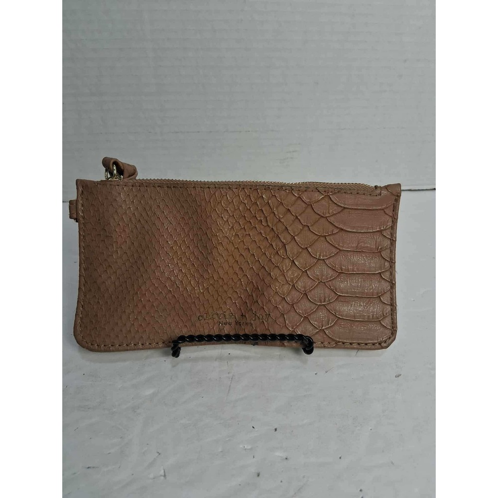 Olivia + Joy Snake Embossed Leather Zip Pouch Tan Clutch